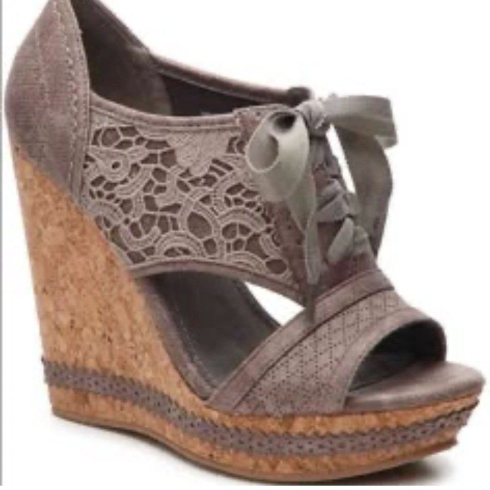 Women's Lace Accent Cork Wedge Sandals - Taupe - Picture 2 of 6